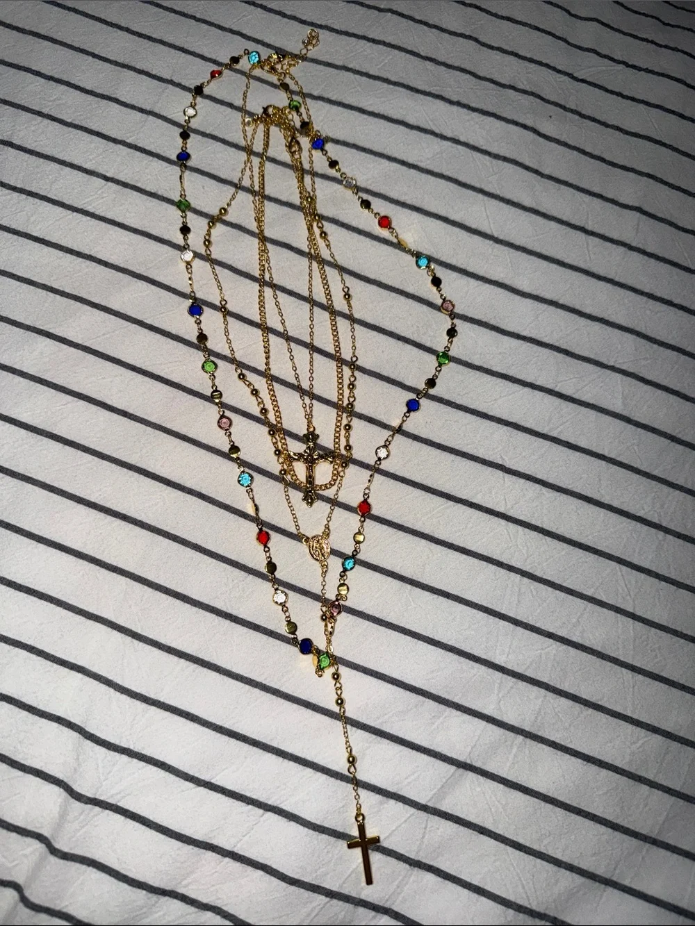 Gold Layered Multi-Color Beaded Rosary Necklace